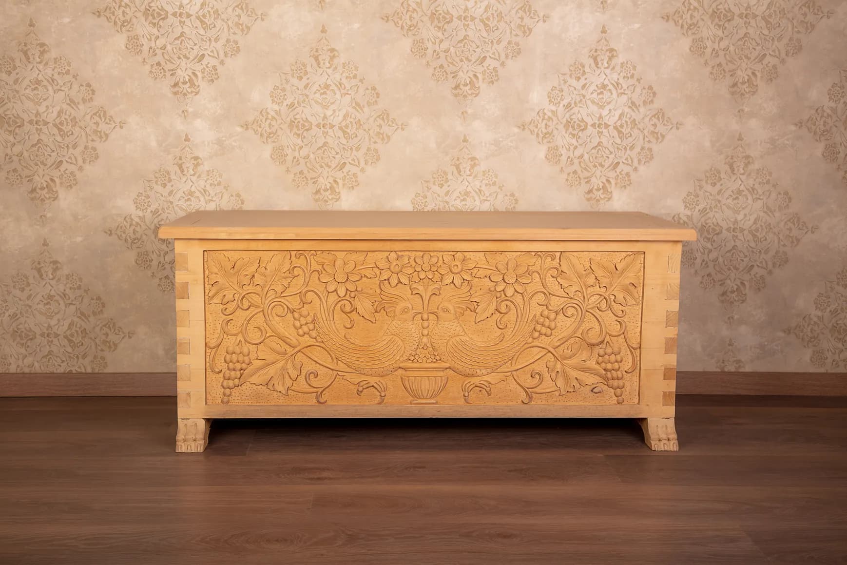 Hand-Carved Dowry Chest with Birds and Grapevines