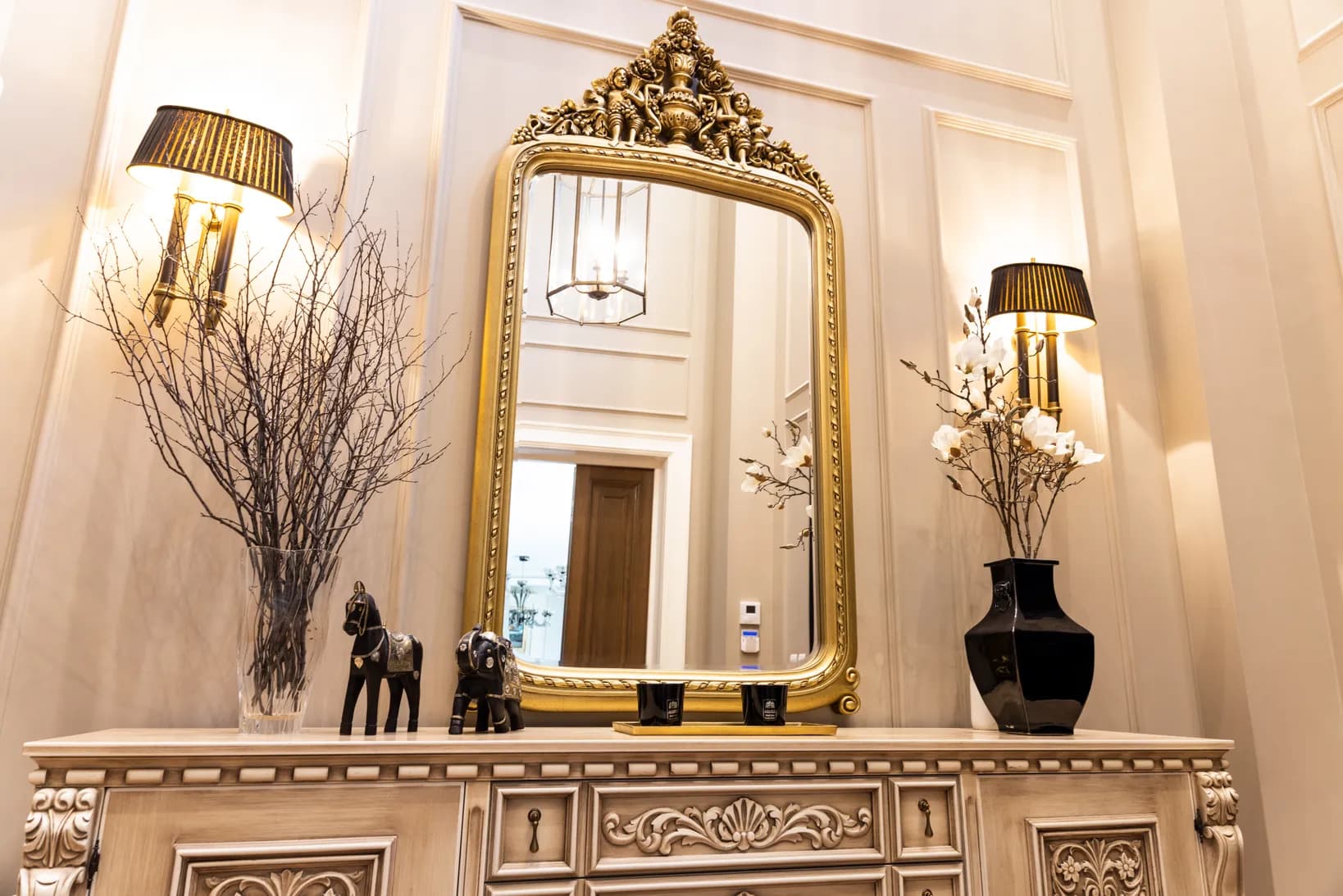 Carved Cream Sideboard with Gilded Crested Mirror — 2
