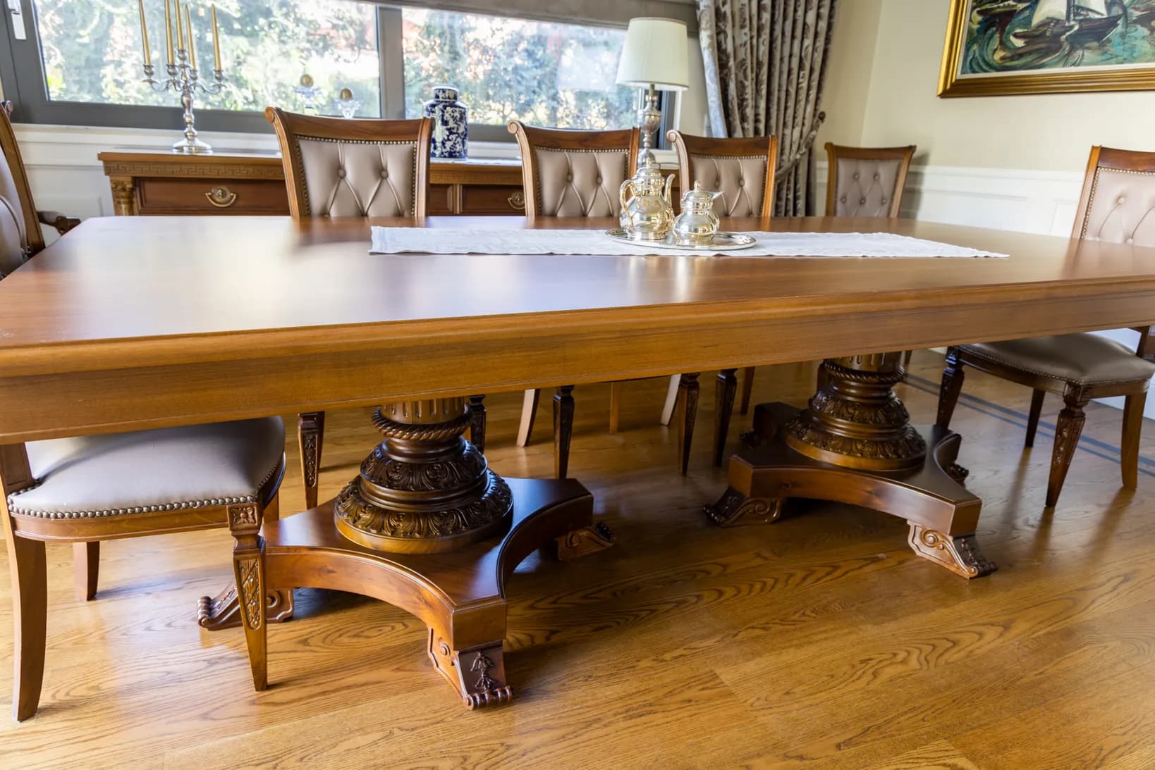 Grand Dining Table with Carved Pedestal Bases