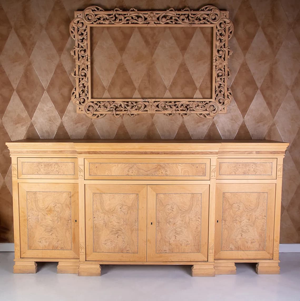 Burl Veneer Sideboard with Carved Frame