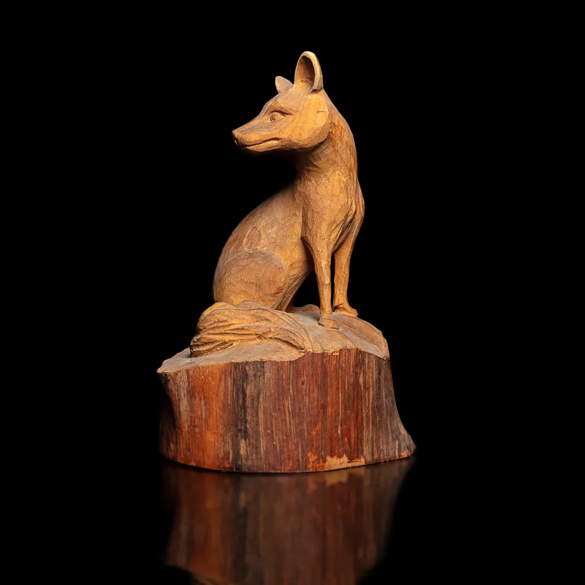 Seated Fox Sculpture on Tree Stump Base