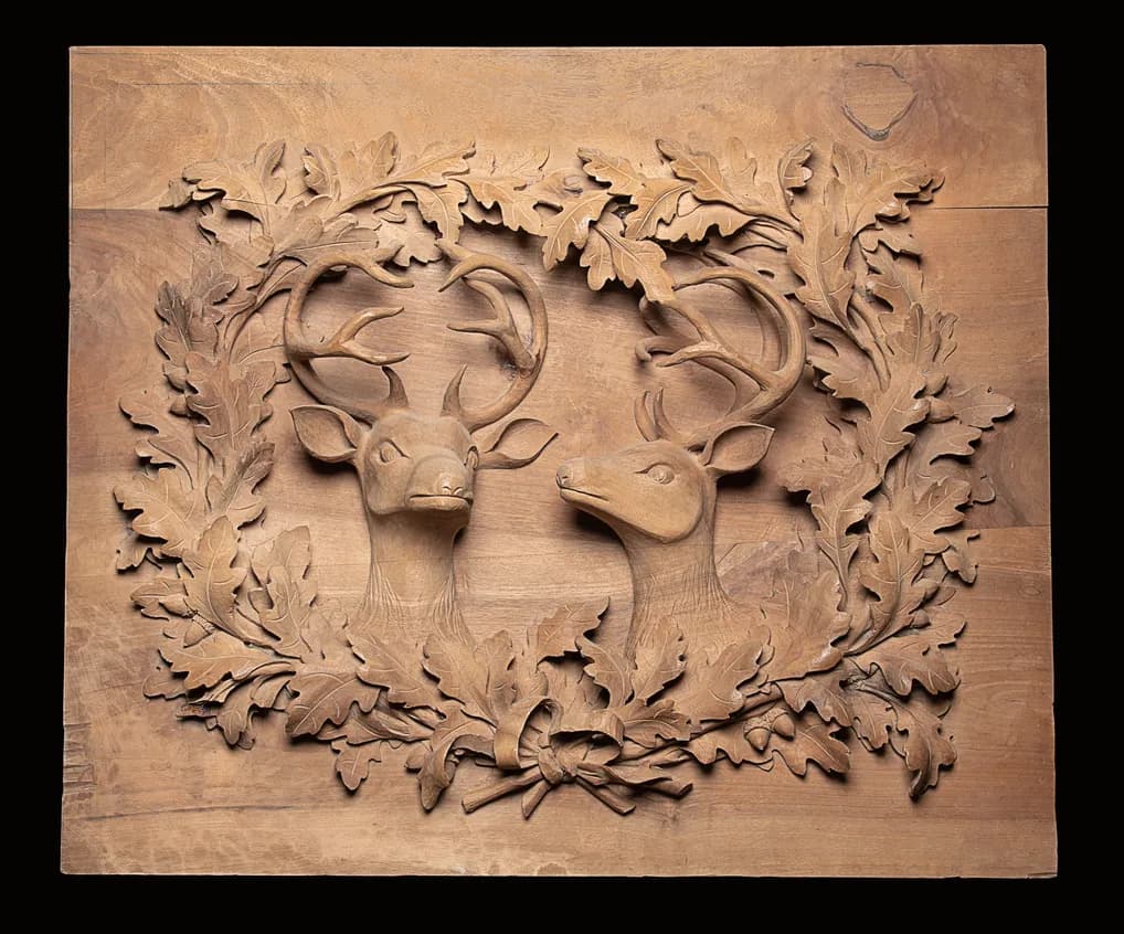Deer Pair with Oak Leaf Wreath Relief