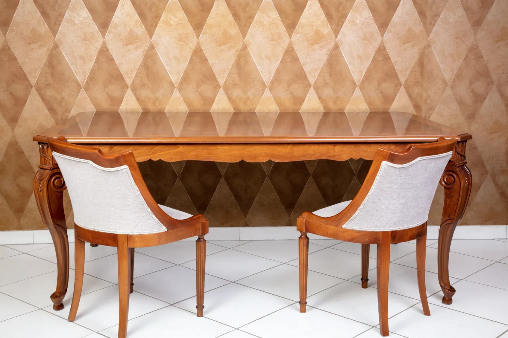 Carved Console Table with Pair of Upholstered Armchairs