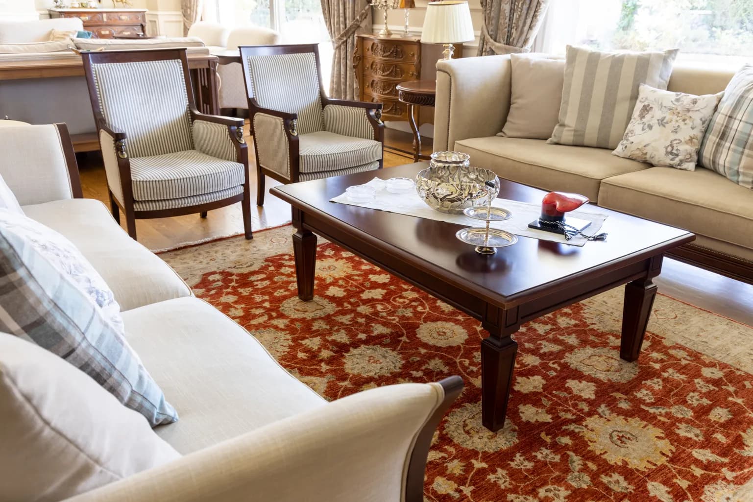 Dark Mahogany Coffee Table and Upholstered Armchairs — 2