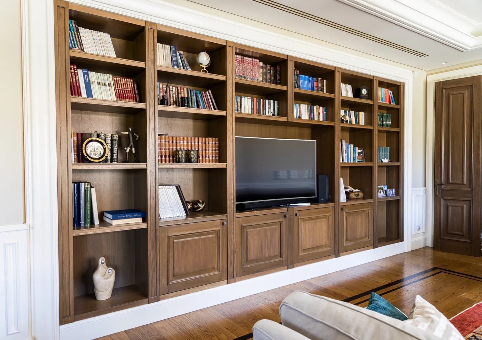 Built-In Walnut Bookcase and Media Wall