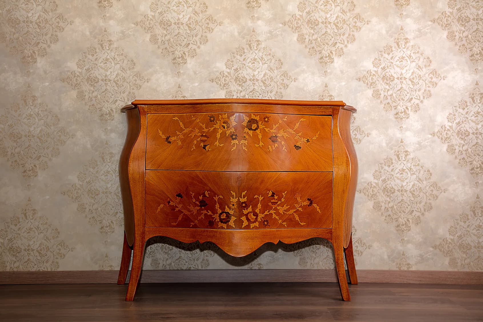 Bombe Commode with Floral Marquetry Inlay