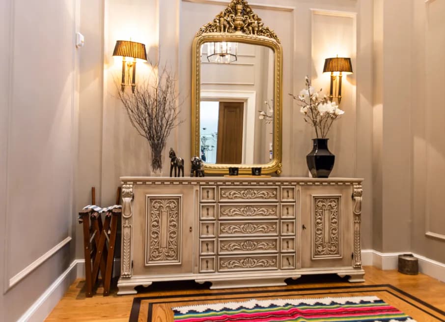Carved Cream Sideboard with Gilded Crested Mirror