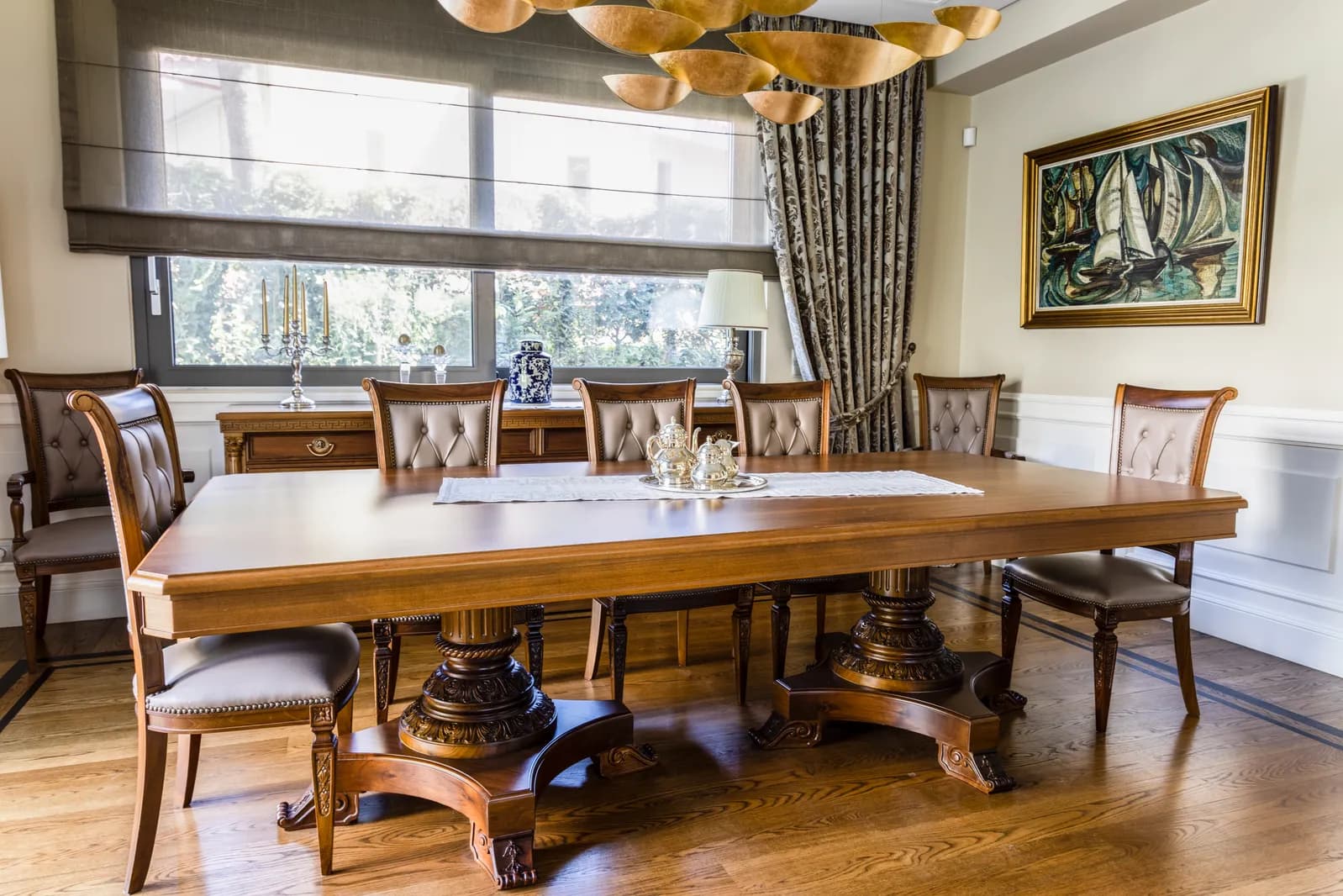 Grand Dining Table with Carved Pedestal Bases — 7