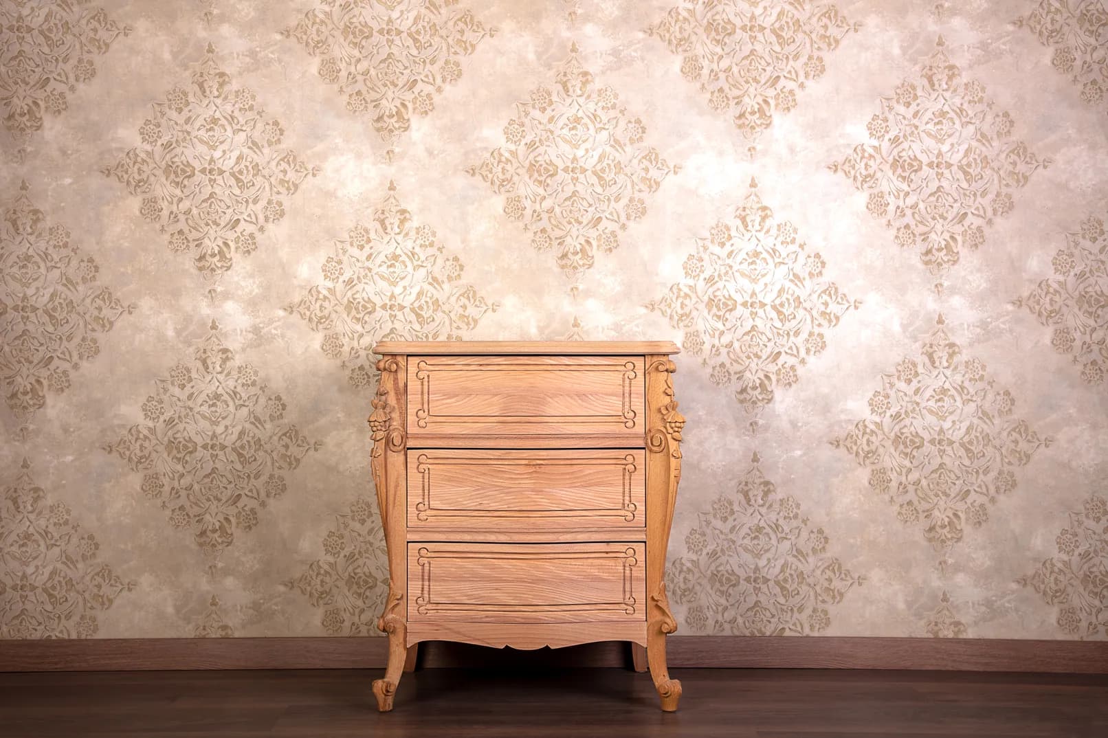 Baroque Three-Drawer Nightstand with Carved Accents
