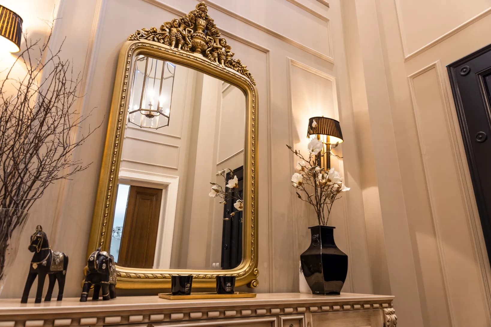 Carved Cream Sideboard with Gilded Crested Mirror — 4