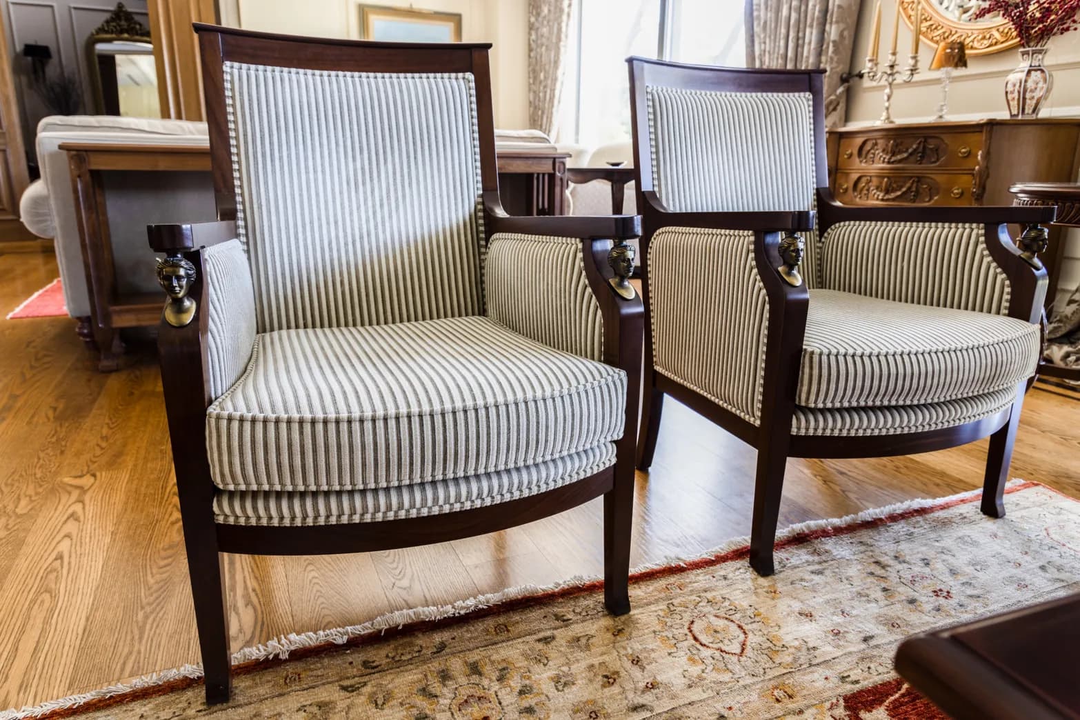 Empire-Style Armchairs with Striped Upholstery