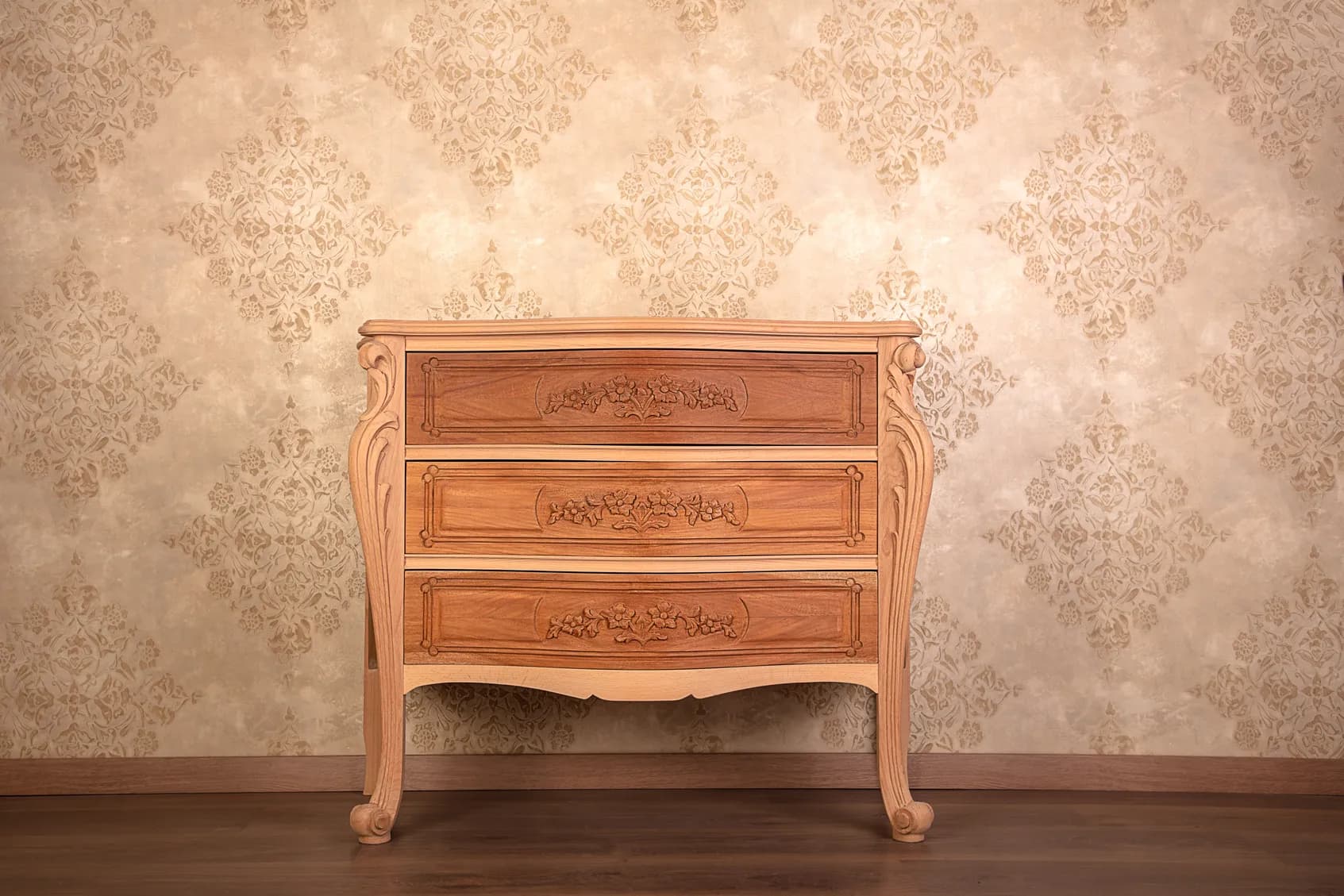 Baroque Three-Drawer Chest with Carved Floral Motifs