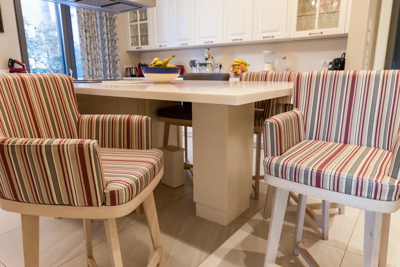 Swivel Bar Stools with Striped Upholstery — Kitchen Counter